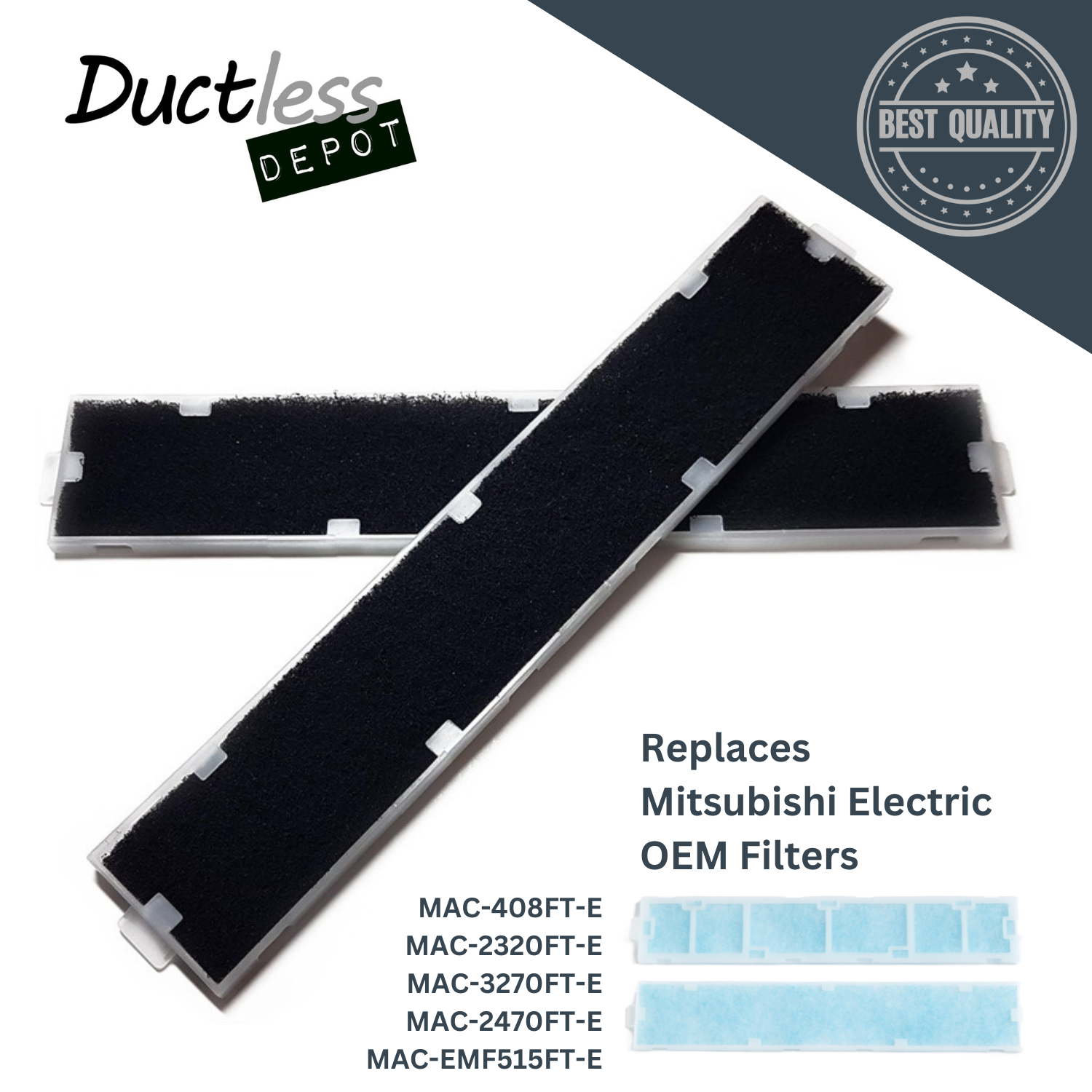 Compatibility chart showing that Ductless Depot black charcoal filter media can be used as a replacement for Mitsubishi Electric MAC-408FT-E, MAC-2320FT-E, MAC-3270FT-E. MAC-2470FT-E and MAC-EMF515FT-E filters.